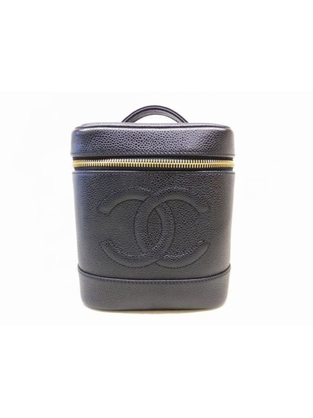 Chanel Vanity Bag Black Gold Caviar Leather CC Logo Handbag
